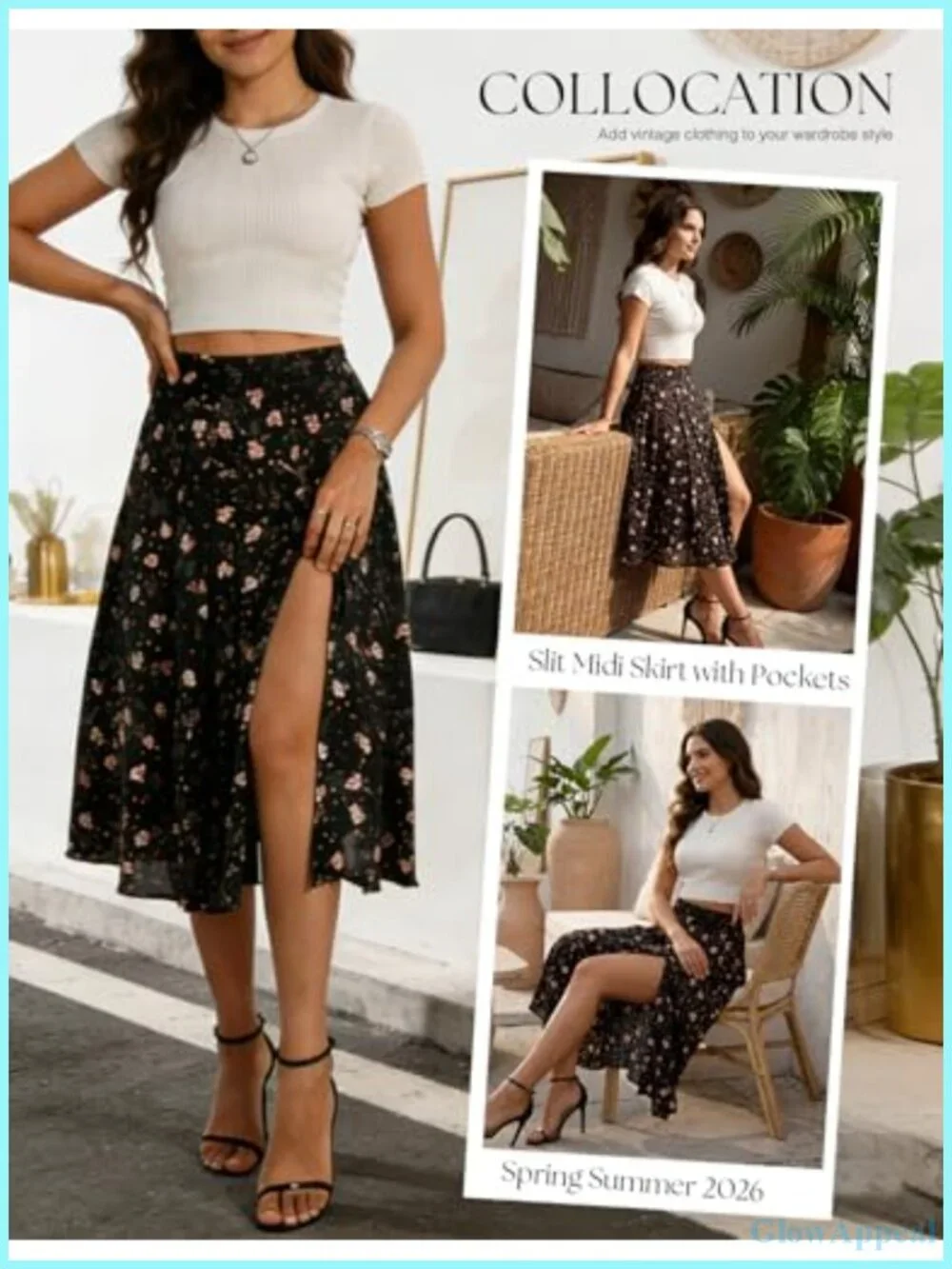 Floral Midi Skirt with Slit High Waist Pleated A-Line Pockets Flowy